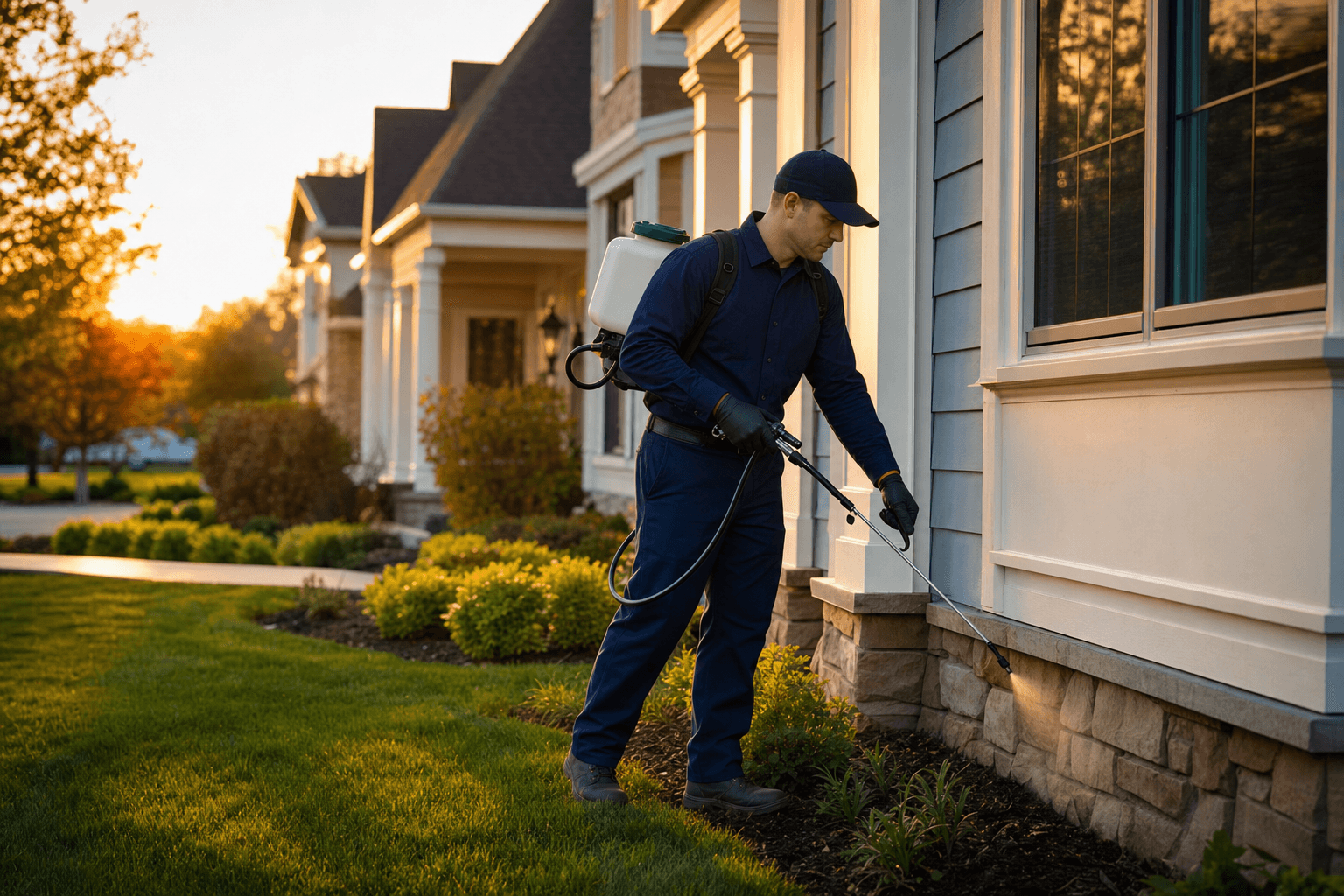 Pest control technician treating the exterior of a home at golden hour
